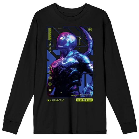 Blue Beetle Superhero Pose Crew Neck Long Sleeve Black Adult Tee-XXL