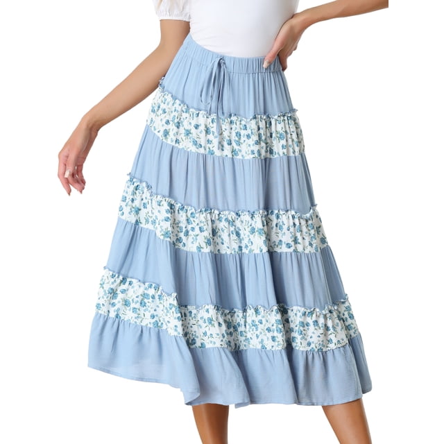 Falda larga con estampado floral para mujer Falda midi informal con cintura elástica Gris azul XS