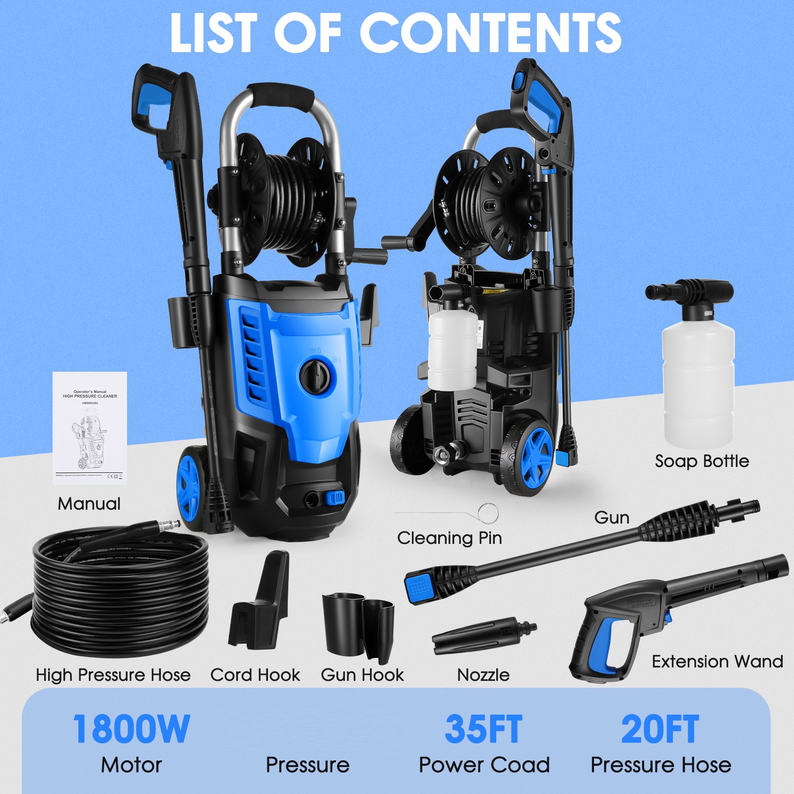 Homdox WD3500 Electric Pressure Washer, 2.5GPM 1800W Electric Power Washer, Power Washer Electric Powered with Adjustable Nozzle & Foam Cannon for Car Yard Driveway Garden, Blue with Hose Reel