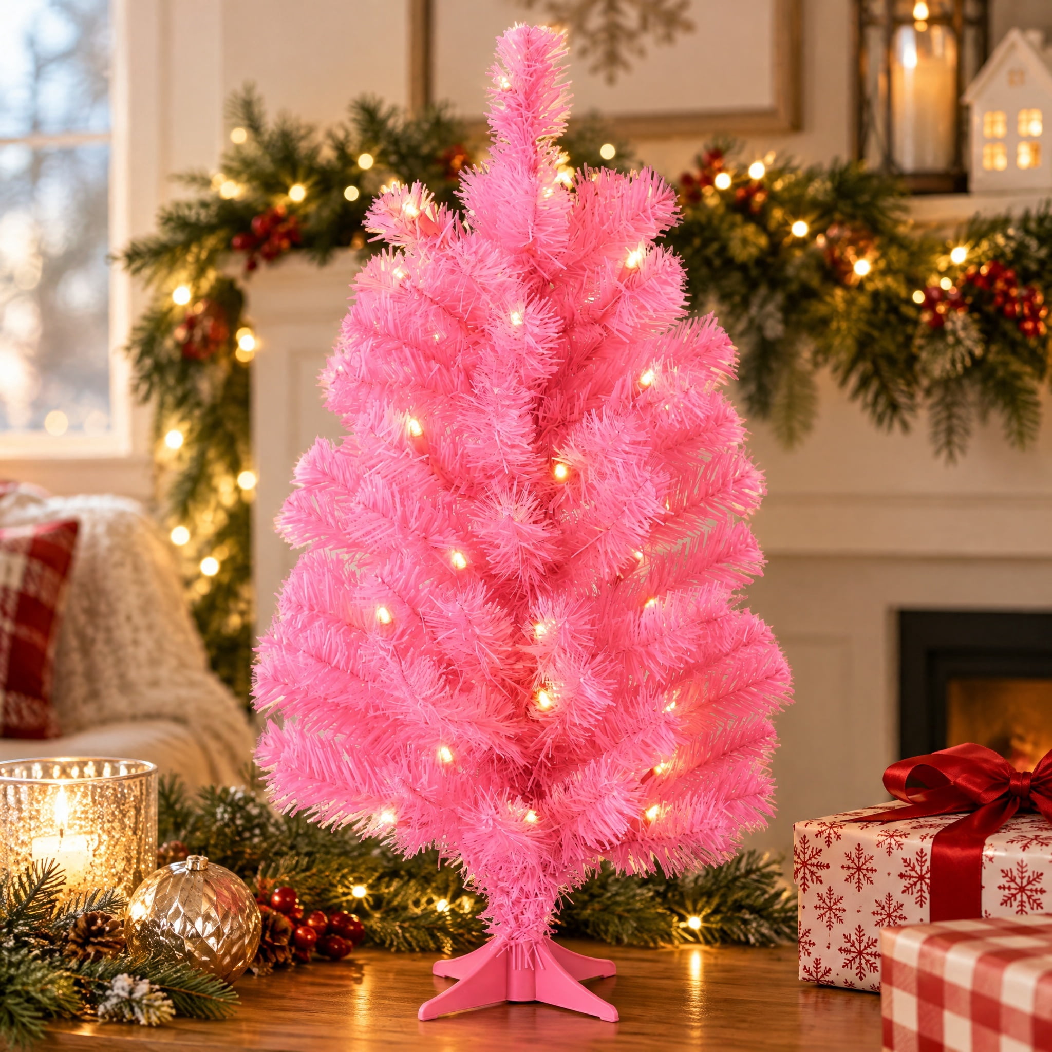 2' Small Pre-Lit Pink Artificial Christmas Tree with 35 Warm White LED Lights and Stand, by Holiday Time