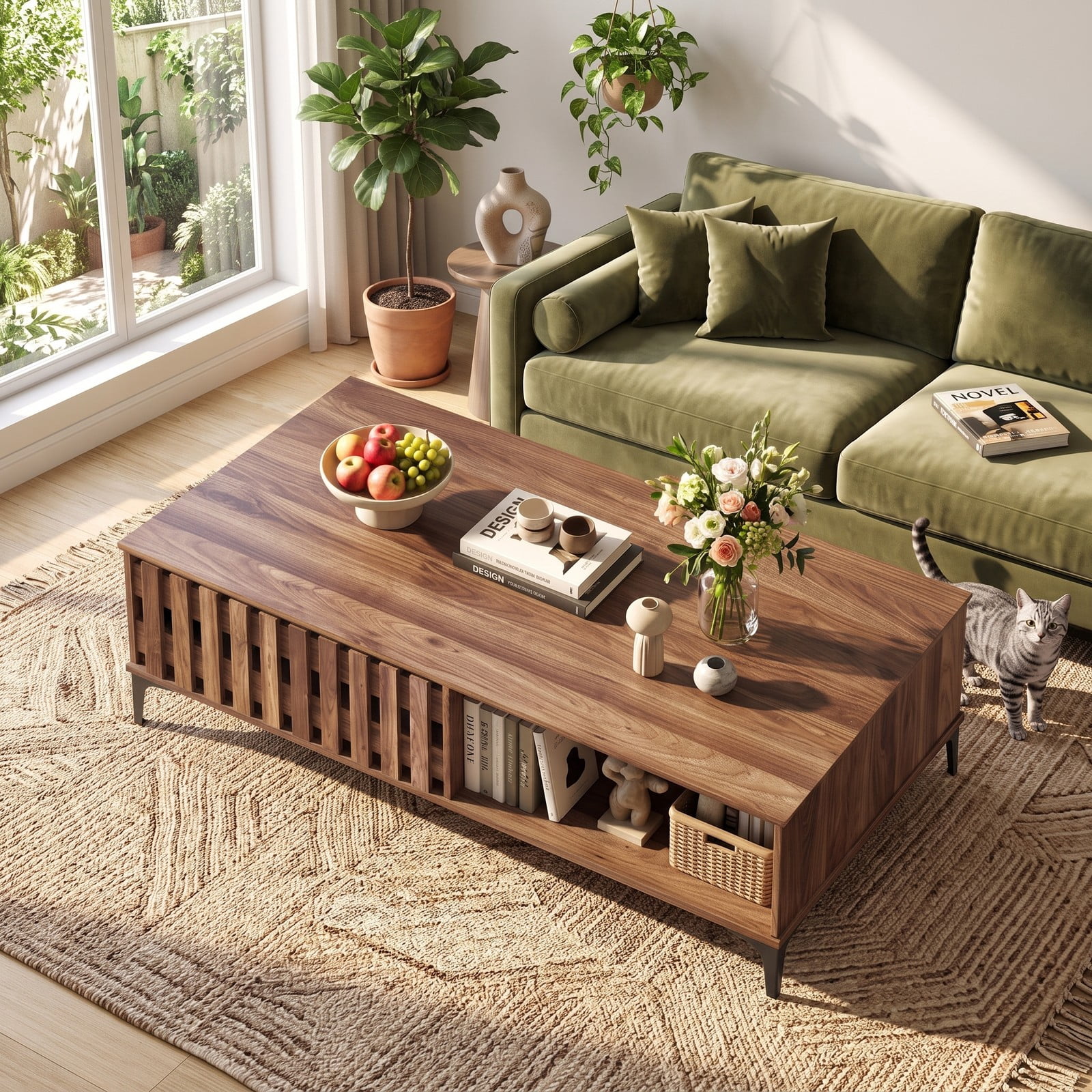 Furnibear 47 Inch Mid Century Coffee Table, Farmhouse Wooden Center Table with Storage Cabinets and Open Compartment, Rustic Living Room Sofa Accent Table with, Walnut