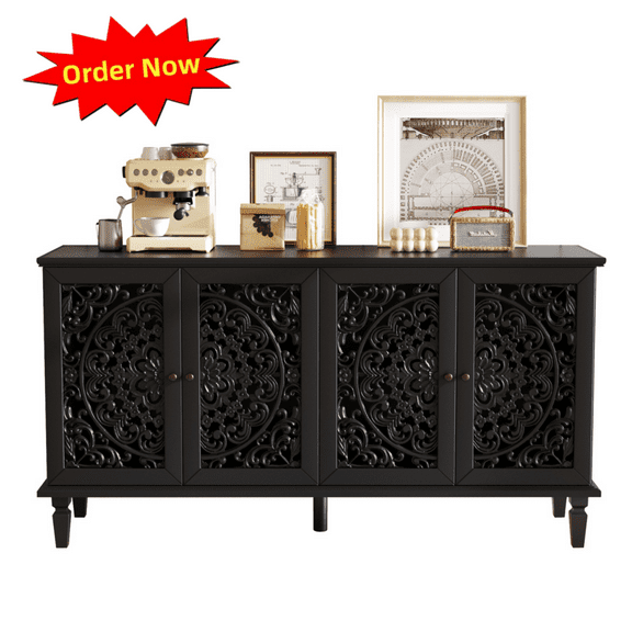 Tcbosik Farmhouse Sideboard Buffet Cabinet with Storage, 60" Kitchen Storage Cabinet, Coffee Bar Cabinet with Adjustable Shelves and 4 Doors, Accent Cabinet for Kitchen, Living Room, Black