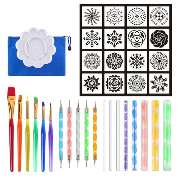 TFixol37pcs Mandala Dotting Tools Set with Stencils Palette Paint Brush Ball Stylus Pens for Painting Rocks Nails Canvas Coloring Art Drawing
