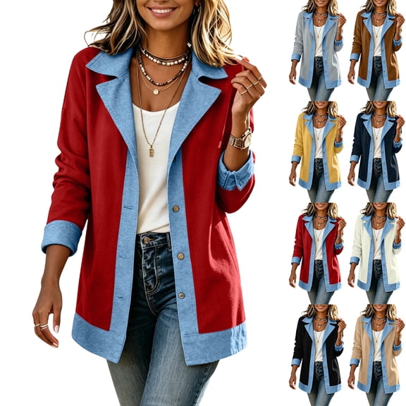 Winter Womens Comfortable Sweatshirt Denim Contrast Long Sleeve Solid Color Turn-down Collar Jacket Collared Button-Front Casual Fall Fashion Sweatshirts 2026 Outfits