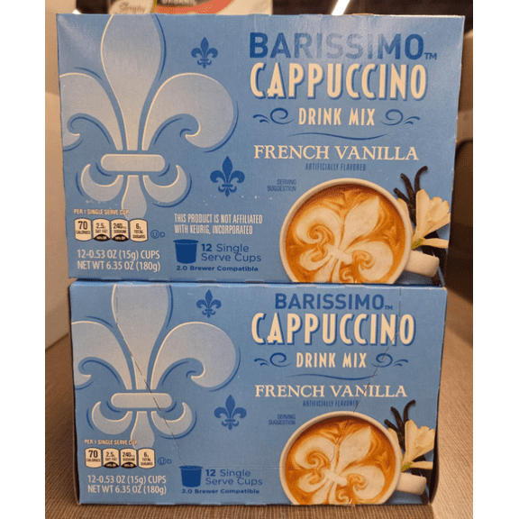 Barissimo Cappuccino Drink Mix Caramel & French Vanilla 12 Single Serve Cups 6.35oz 180g (2 Boxes)
