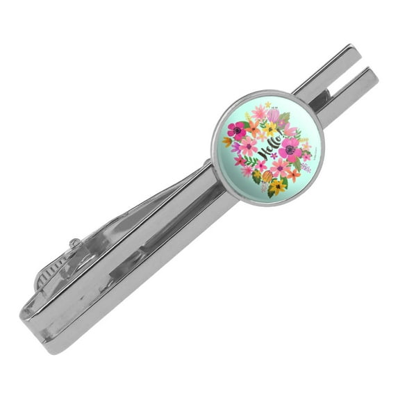 Hello with Pretty Flowers Round Tie Bar Clip Clasp Tack Silver Color Plated