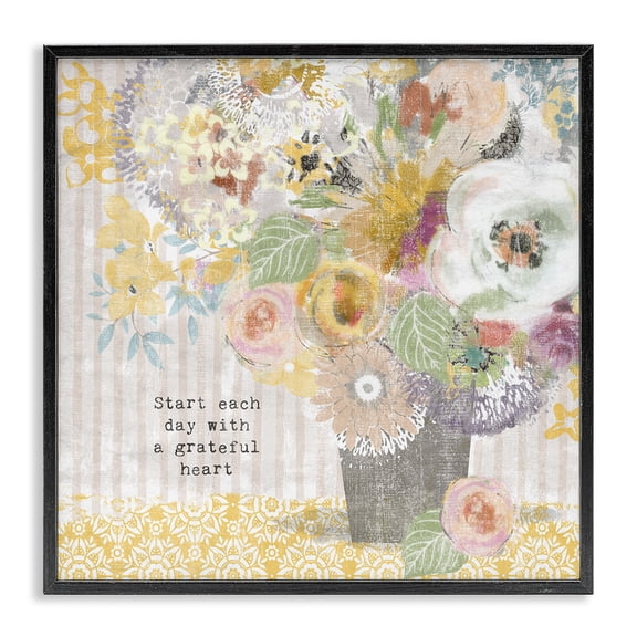 Stupell Industries Shabby Chic Floral Inspirations Grateful Heart Black Framed Giclee Art, 12 x 12, by Suzanne Nicoll