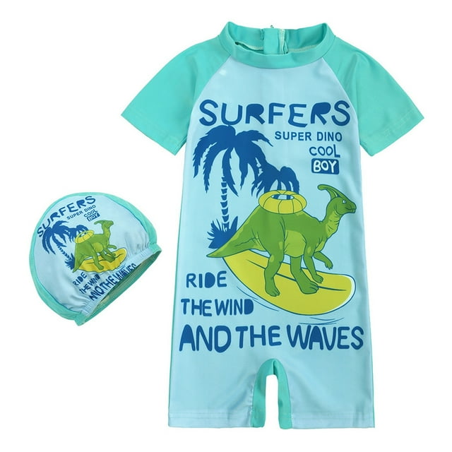Hiiyo Toddler Boys One-Piece Swimsuit Dinosaur Print Short Sleeve Rash Guard Surfing Suit with Hat