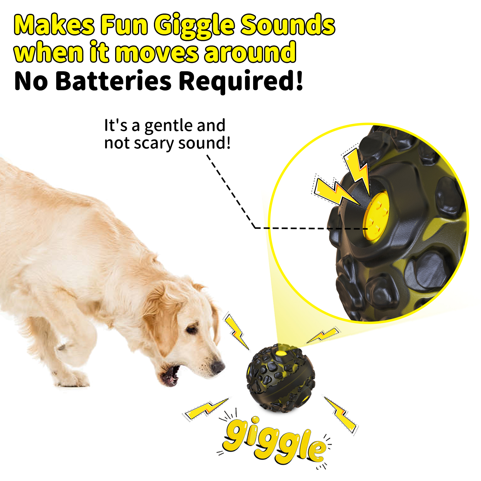 JoyBruko Dog Ball for Aggressive Chewers - Interactive Dog Toy Balls Fun Squeaky Giggle Sound to Keep Them Busy, Durable for Small Medium Large Breeds, Rubber Pet Chew Toys, Black & Yellow