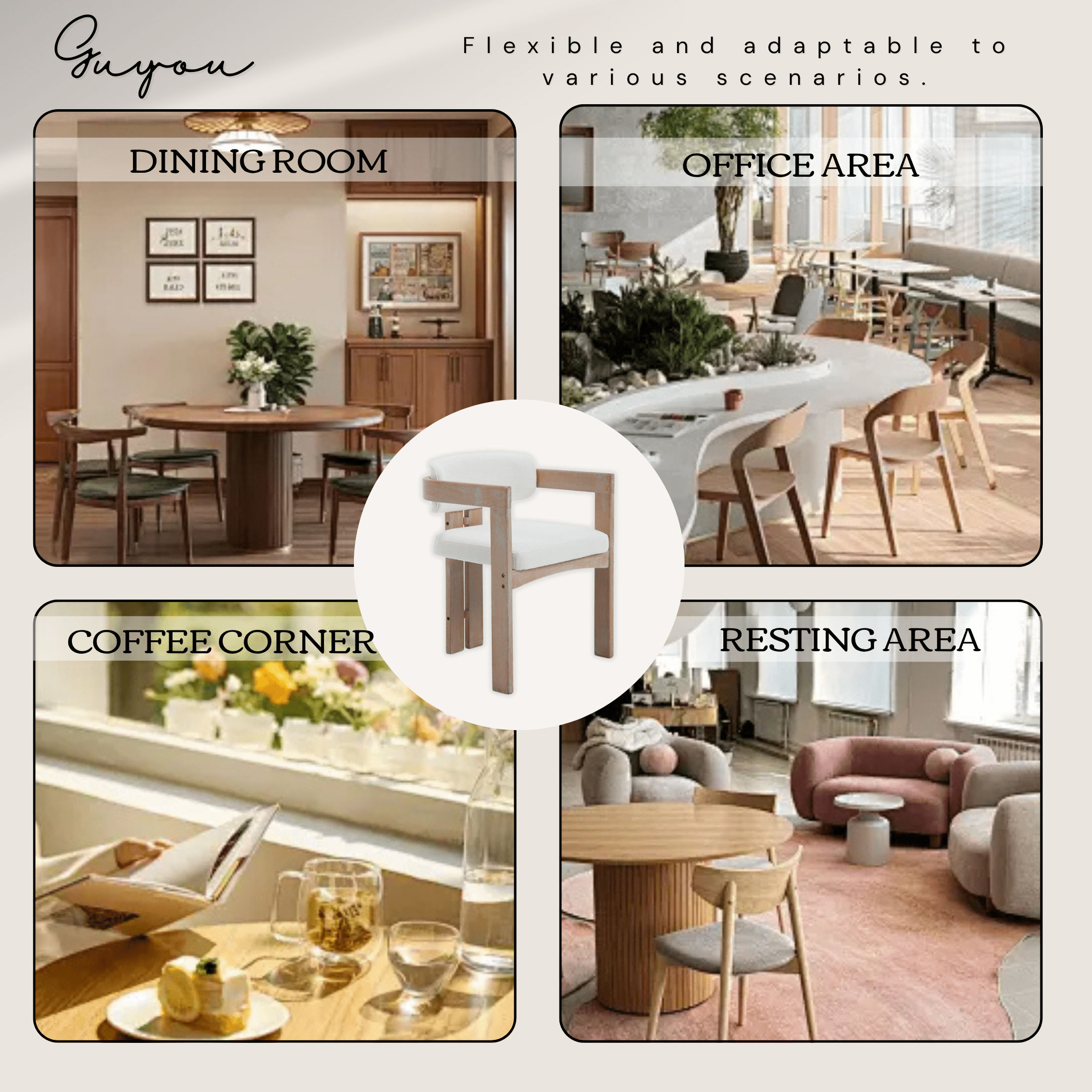Guyou Linen Dining Chairs - Set of 6, 24" Wide Barrel Back Armchairs for Dining Room & Kitchen, Modern Curved Back Chairs with Black Wood Frame, Beige