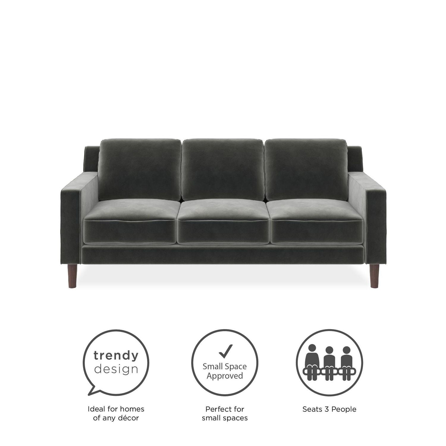 Canapé rembourré trois (3) places Brynn de DHP, mobilier de salon, velours gris