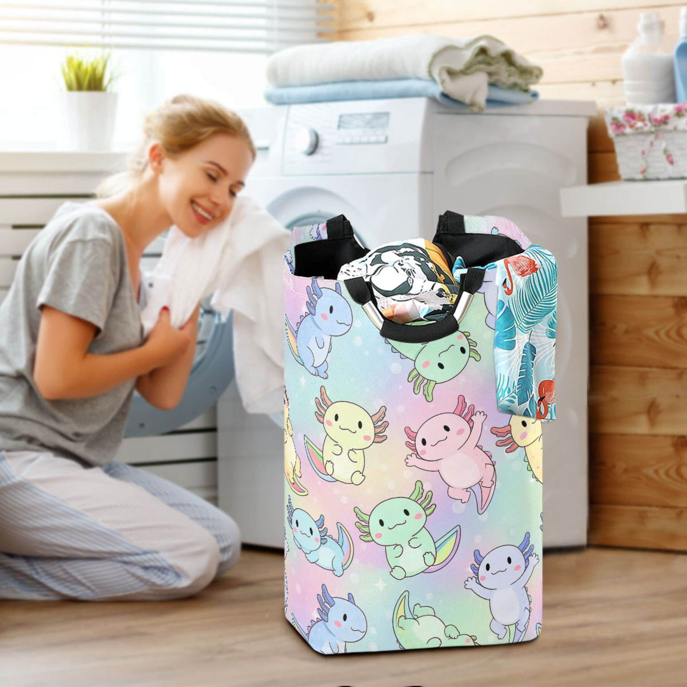 Ryvnso Gradient Axolotls Pattern Large Storage Basket with Handles Collapsible Organizer Bin Laundry Hamper