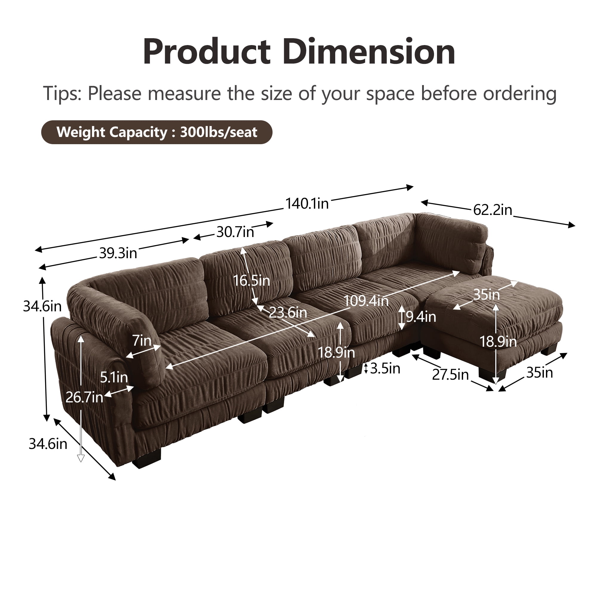 140" L Shape 4 Seat Chenille Modular Sectional Sofa with Ottoman and L Shape Back Cushions,Easy Assembly