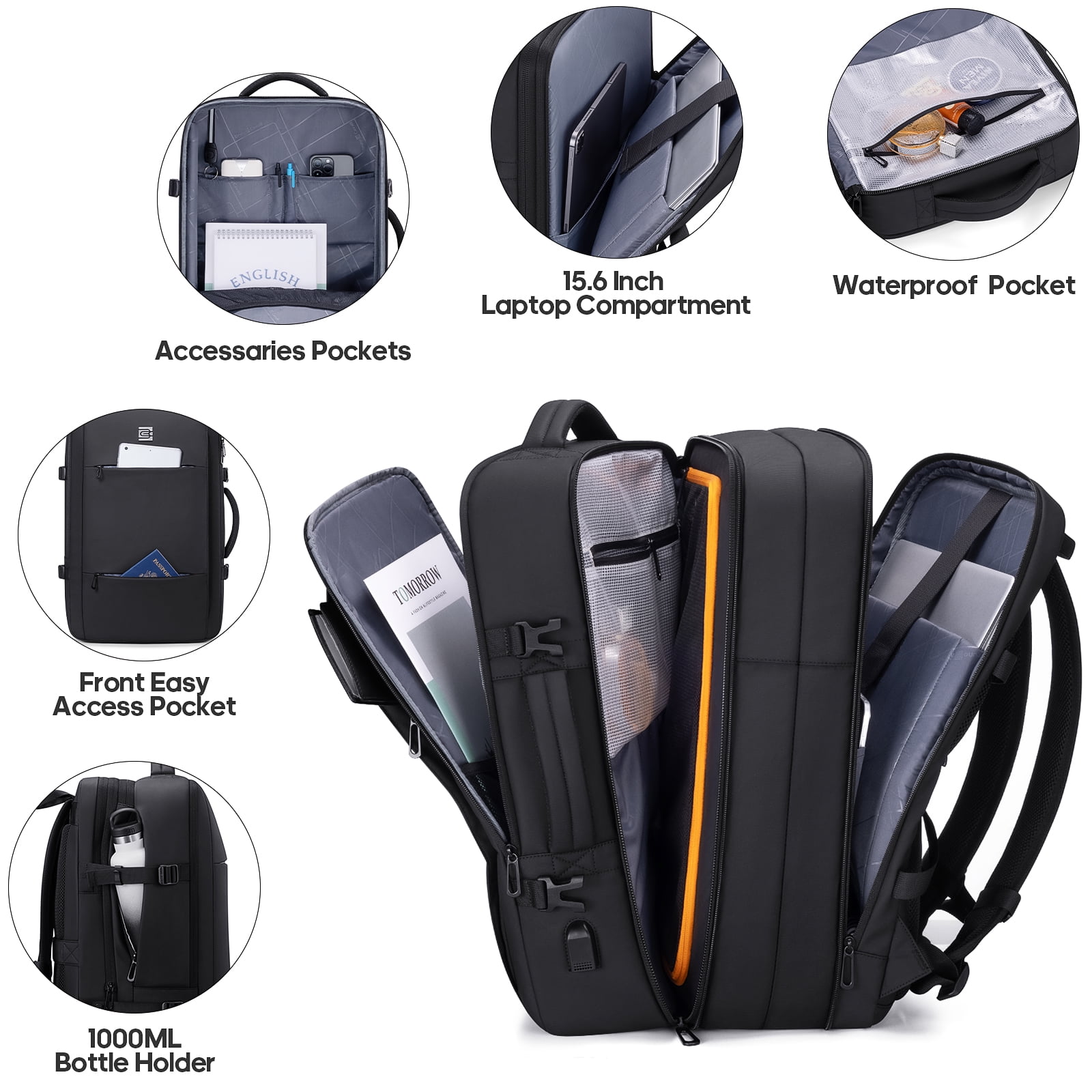 UKEIN Travel Backpack with USB Charging Port 40L Expandable 17 Inch Carry On Backpack Water-resistant Work Business Laptop Backpack for Men
