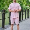 thumbnail image 2 of FRSASU Men's Summer Beach Outfits 2 Piece Stand up Collar Short Sleeve Fashion Shirts and Shorts Vacation Sets for Men Pink, 2 of 3