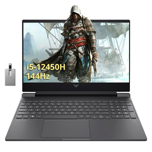 HP Victus 15.6" FHD 144Hz Gaming Laptop, Intel i5-12450H, 16GB RAM, 1TB PCIe SSD, NVIDIA GeForce GTX 1650 Graphics, Backlit Keyboard, Win 11 Pro, Mica Silver, 32GB Hotface USB Card