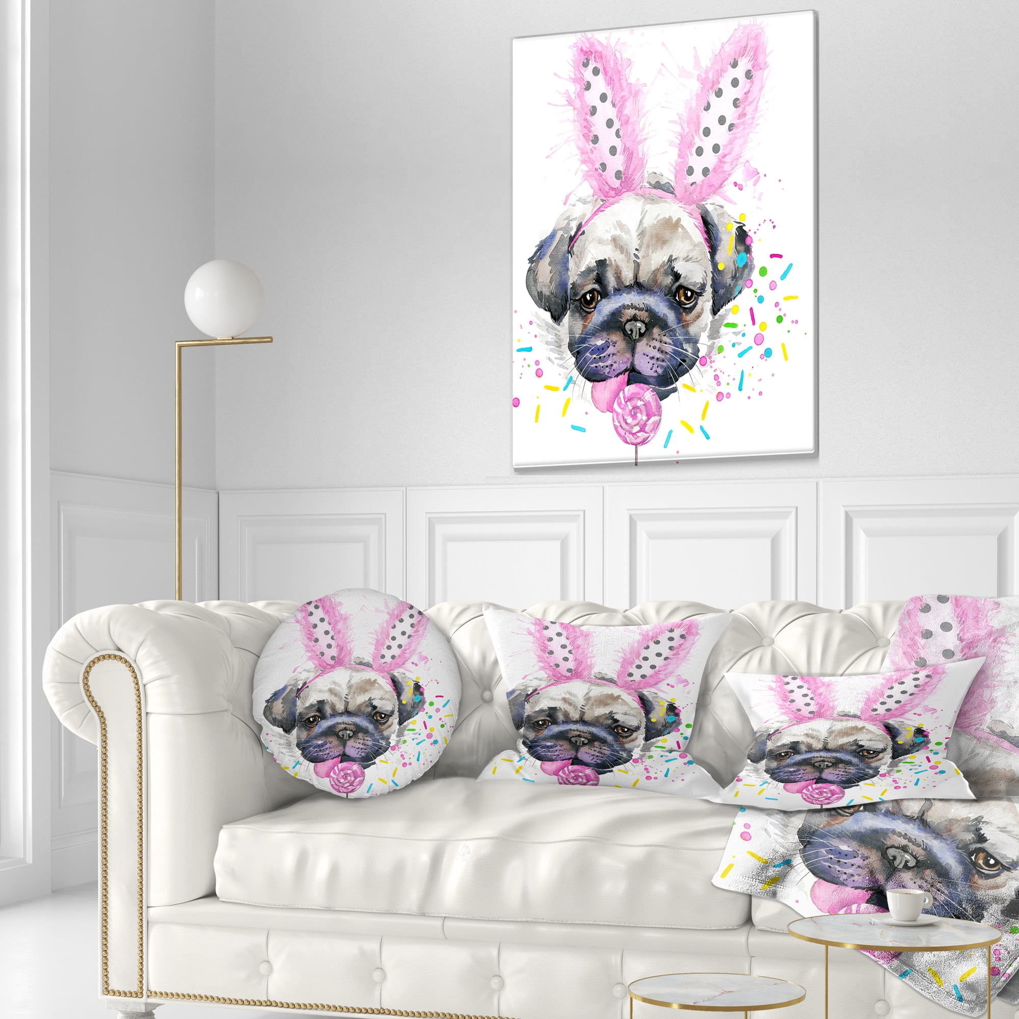 Designart Cute Dog with Pink Feather Hat - Contemporary Animal Throw Pillow - 12x20