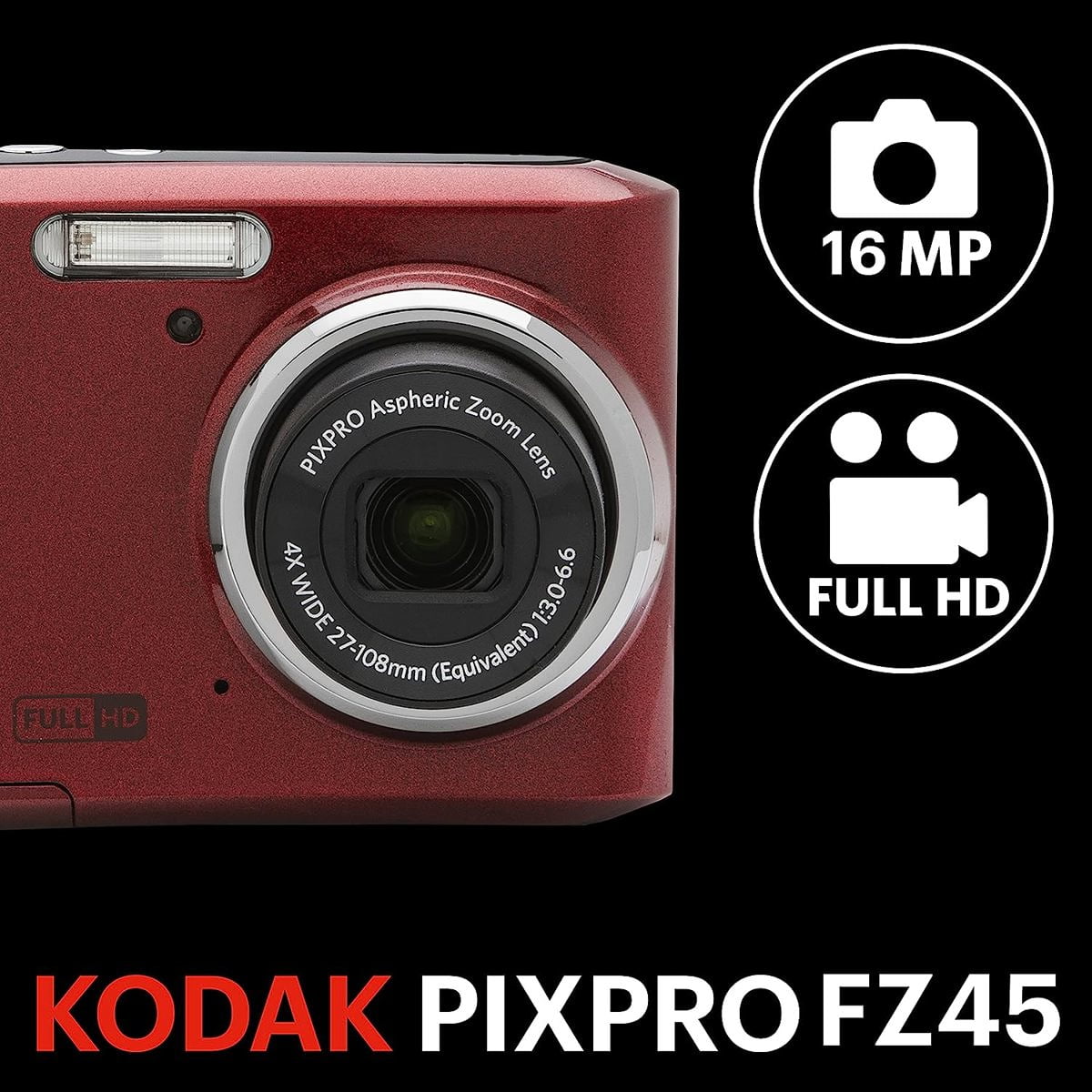 Kodak PIXPRO FZ45 Friendly Zoom 16MP Full HD Digital Camera, Red
