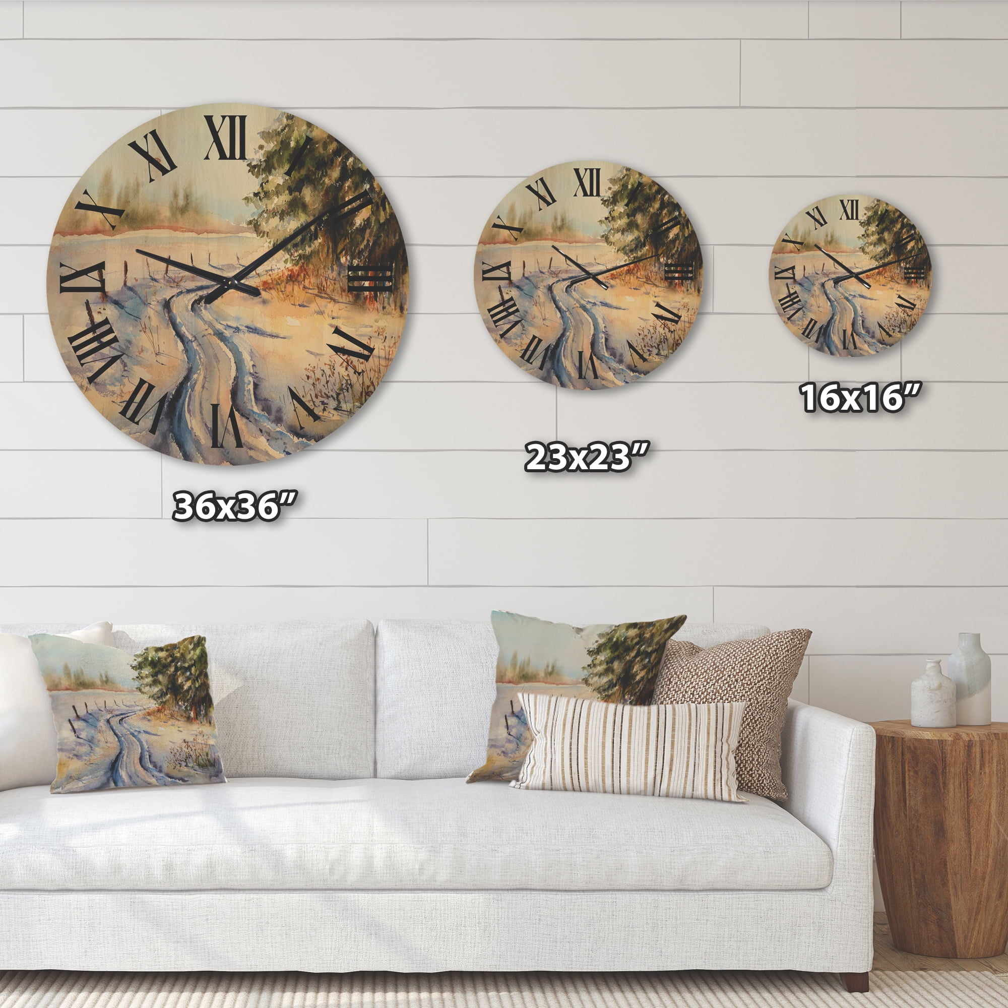 Designart 'Snowy Winter Forest Landscape Rural Road In Snow' Traditional Wood Wall Clock