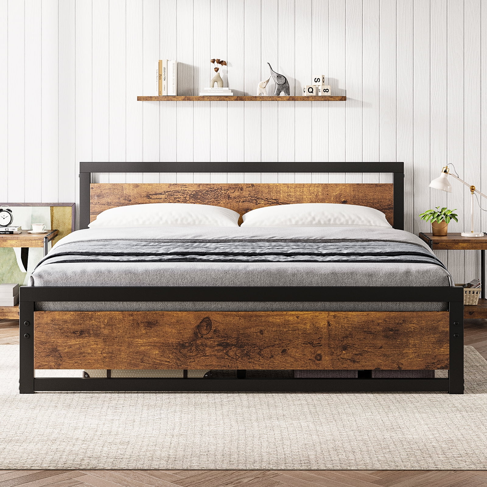 Historyli Bed Frame, King Size, 14 Inch, Industrial, with Headboard, No Box Spring Needed, Retro Brown