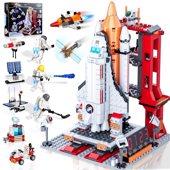 12-in-1 Space Exploration Shuttle Building Kit, 855-Piece STEM Aerospace Rocket Toy with Launcher & Astronauts, Gift for Kids Ages 6-12 
