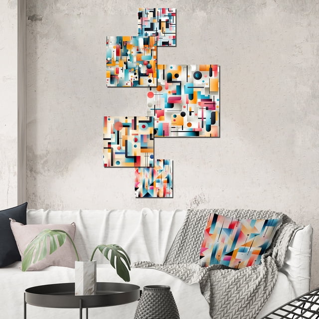 Designart "Geometric Urban" Geometric Wall Art Set Of 5 - Multicolor Modern Hallway Metal Art Print Set