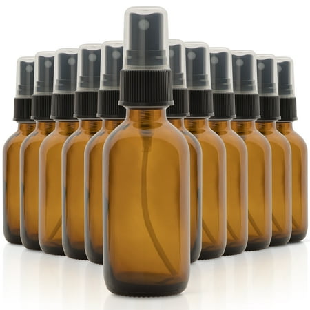 Set of 12, 2 oz Amber Glass Spray Bottles for Essential Oils - with Fine Mist Sprayers - Made in the