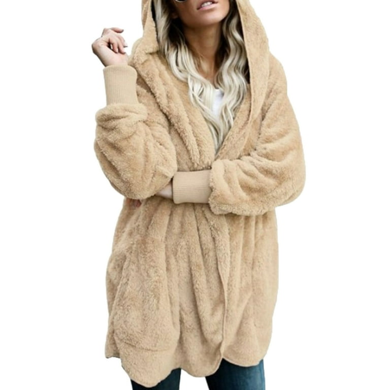 Winter Women Hooded Coat Long Sleeve Faux Fur Jacket for Daily