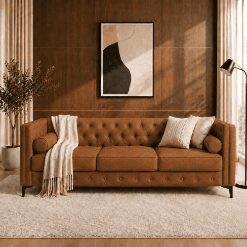 78.5" Mid-Century Modern 3-Seater Sofa with Button Tufted Design and 2 Bolster Pillows, Faux Leather Deep Seat Couch for Living Room Apartment Office, Brown