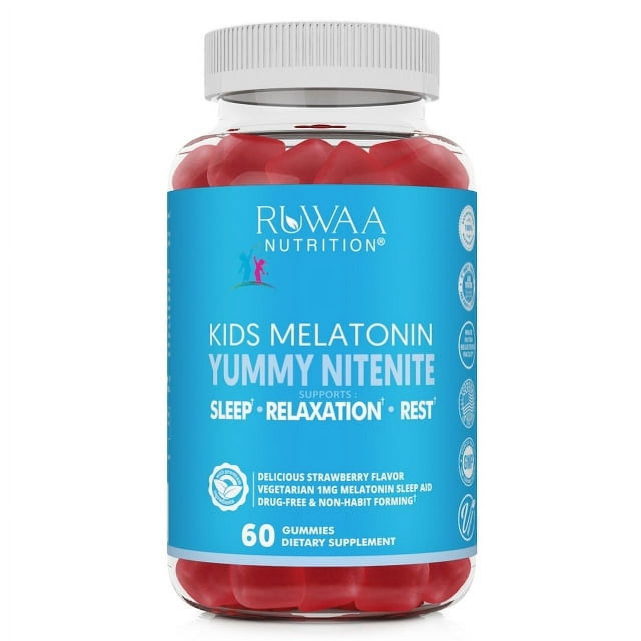 Ruwaa Nutrition Melatonin Gummies for Kids - Natural Sleep Aid - Kids 1mg Melatonin Gummies Supports Sleep - Strawberry Flavor - 60 Count