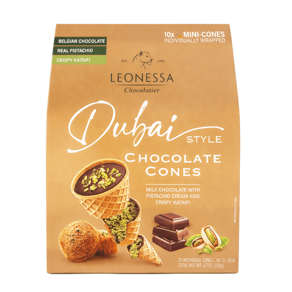 Leonessa Chocolatier Dubai Chocolate Cones, Milk Chocolate with Crispy Kataifi & Pistachio Kunafa Cream, Made with Belgian Chocolate, 4.7 oz Gable Box, 10 Count