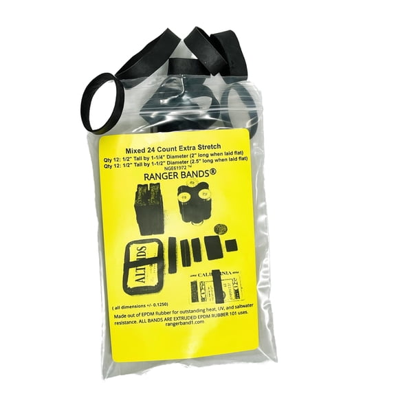 Ranger Bands® Bag of 24 Mixed Made From Black EPDM Camping & Strapping Gear Made in the USA
