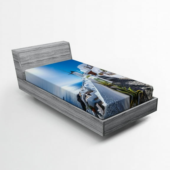 Ambesonne Summer Fitted Sheet, Oia Village in Santorini, Twin Size, Blue and White