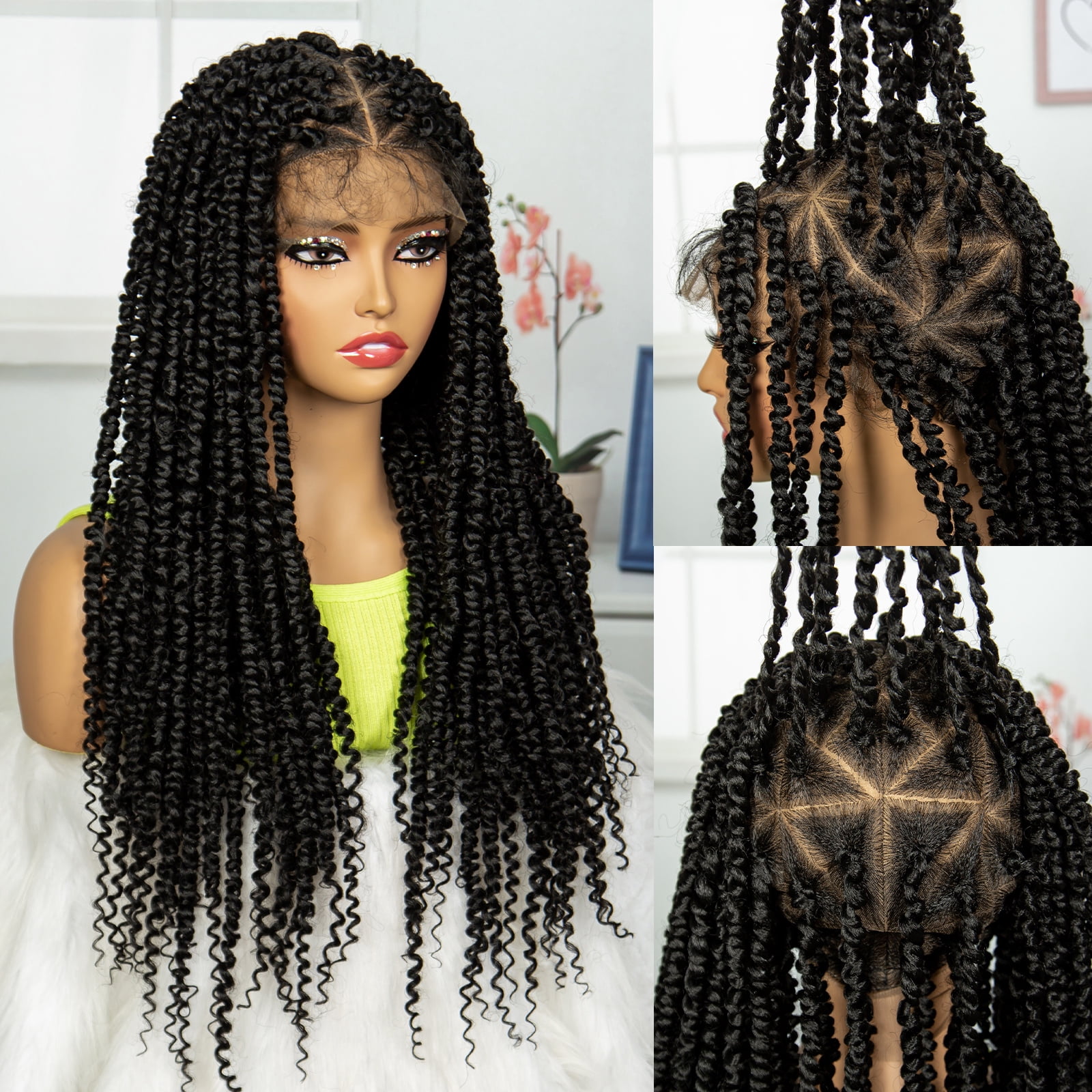 Braided Wigs for Women Synthetic Full Lace Wig Braided Wigs Knotless Box Braided Wigs Braid Braiding Hair Water Wave Wavy Braids Wigs 26 inches (1B Color)