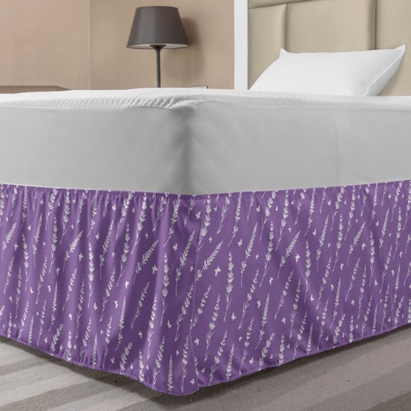 Floral Bed Skirt, Romantic Lavender and Butterflies Pattern Aromatic Herbs Wildflowers Concept, Elastic Bedskirt Dust Ruffle Wrap Around for Bedding Decor, 4 Sizes, Violet and White, by Ambesonne