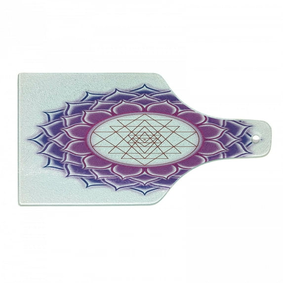 Lotus Cutting Board, Geometry Yantra Mandala Triangle Yoga Illustration, Decorative Tempered Glass Cutting and Serving Board, Wine Bottle Shape, Fuchsia Purple, by Ambesonne