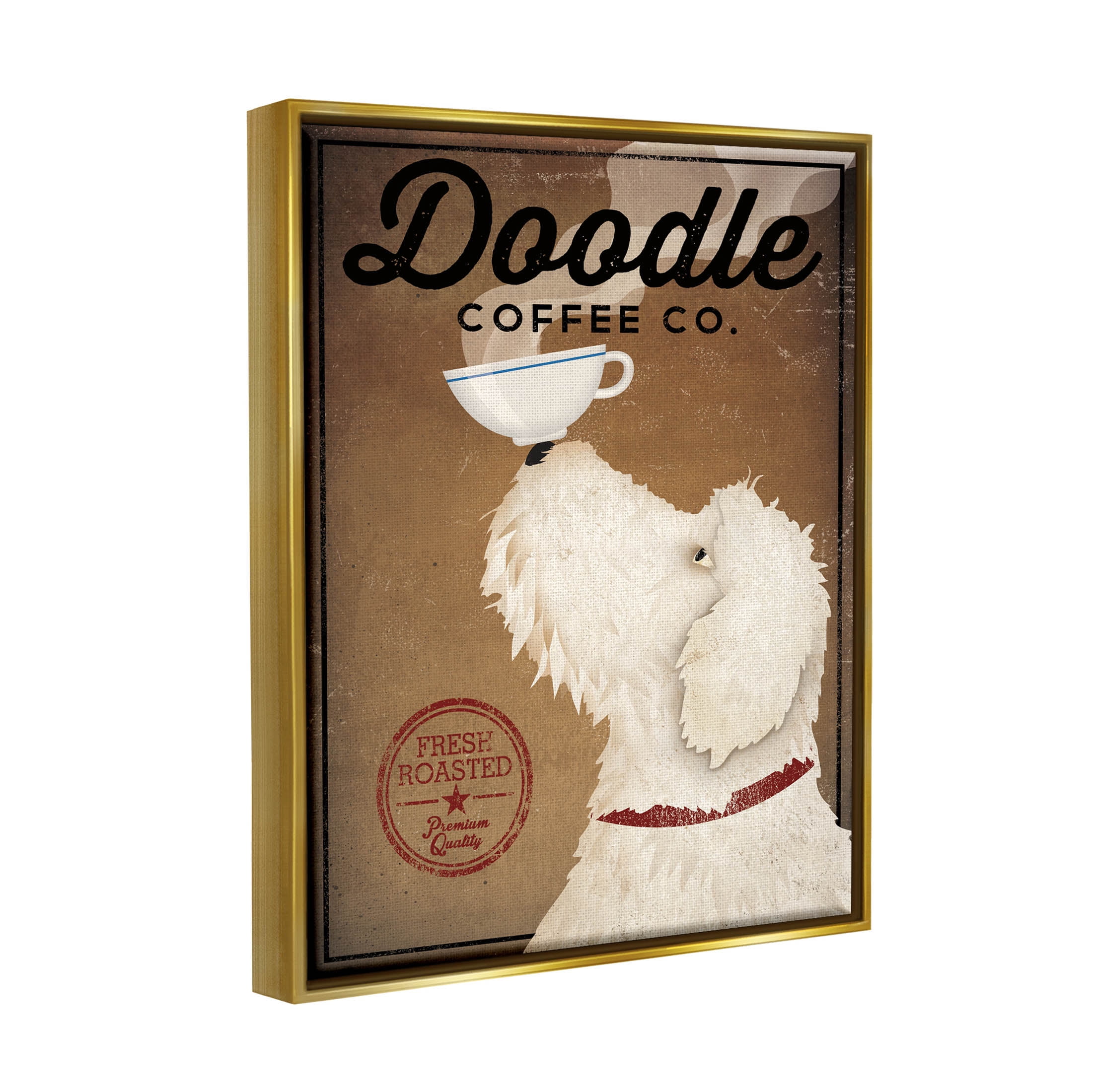 Stupell Industries Vintage Doodle Coffee Dog Sign Graphic Art Metallic Gold Floating Framed Canvas Print Wall Art, Design by Ryan Fowler
