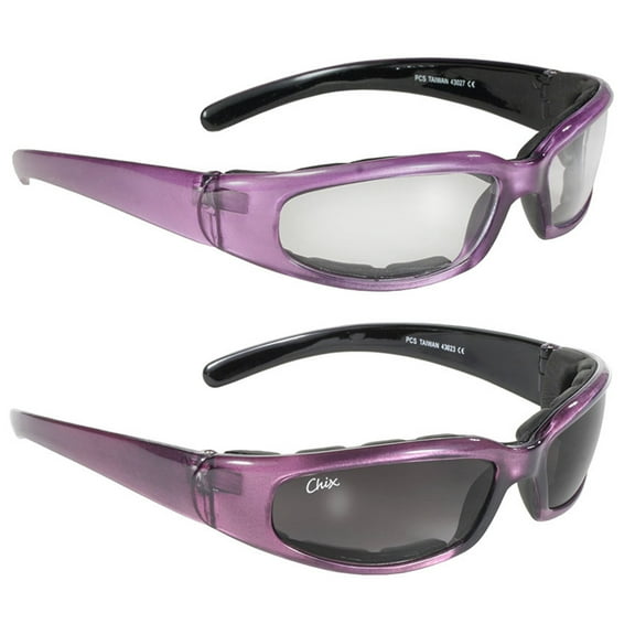 2 Pairs of Chix Rally Women's Padded Motorcycle Sunglasses Purple Frames Clear & Grey Gradient  Lenses