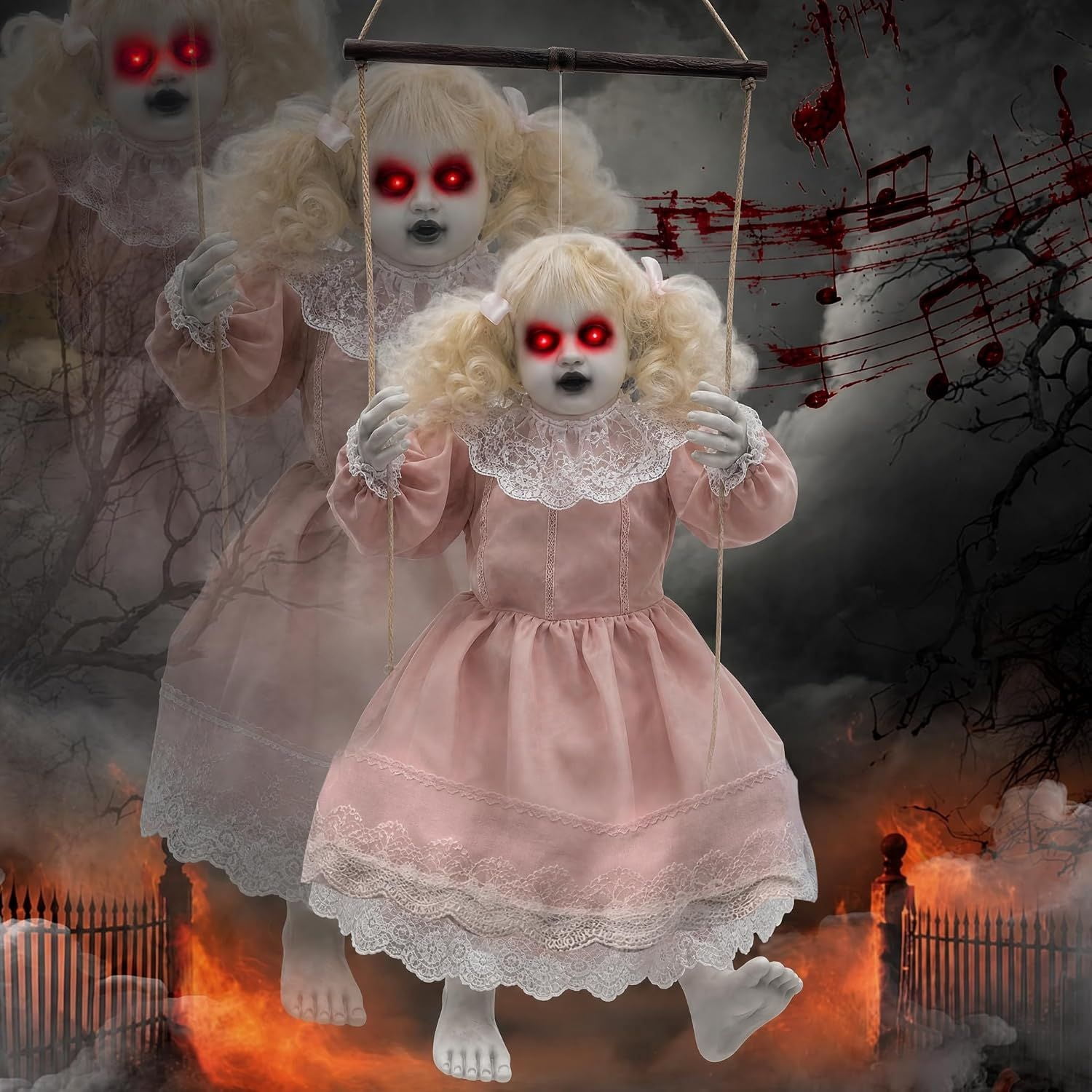 Halloween Animatronic Hanging Swinging Doll with Lighted Eyes and Creepy Sounds, Sound Activated Haunted House Prop for Indoor and Outdoor Decor