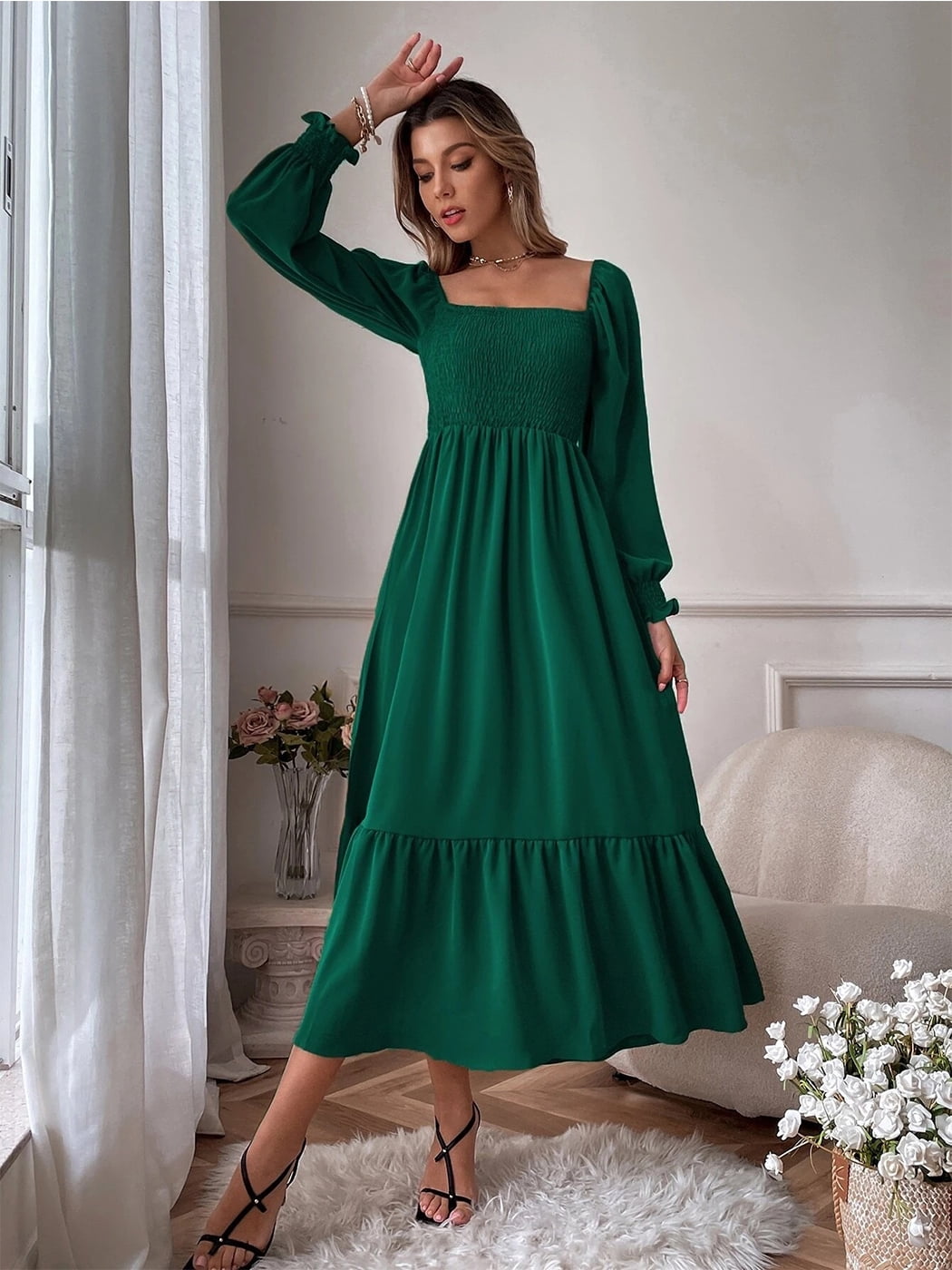 Women's Shirred Long Sleeve Boho Dress A Line Ruffle Swing