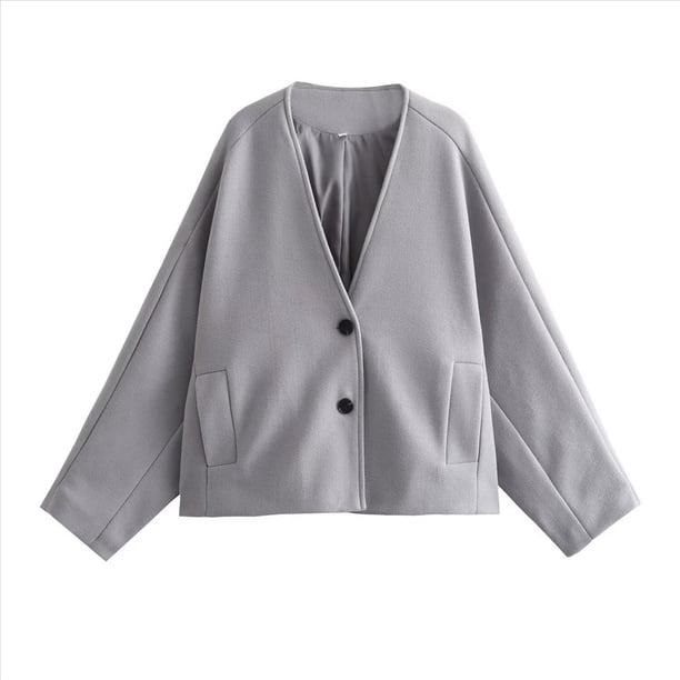 Chaqueta Corta de Mezcla de Lana para Mujer, de Larga, Cuello en V, Botones, Abrigo de Otoño con Bolsillos. Gris L