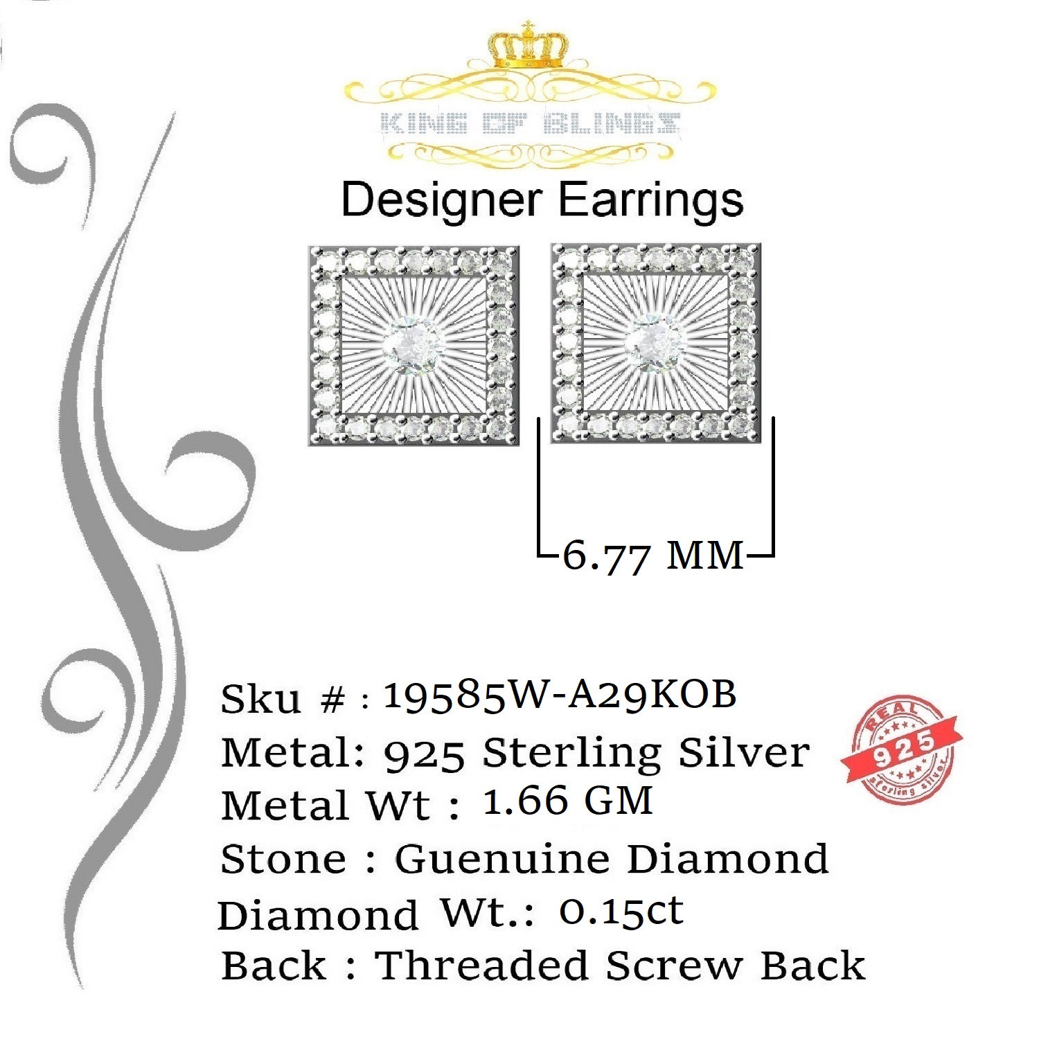 King of Bling's Aretes Para Hombre 925 White Silver 0.15ct Diamond Women's/ Men's Stud Earrings