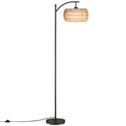 SUNMORY 63'' Dimmable Arc Rattan Floor Lamp, Black Standing Lamp with Rattan & Fabric Double Drum Shade, Boho Farmhouse Tall Lamp for Living Room, Lamps for Bedroom