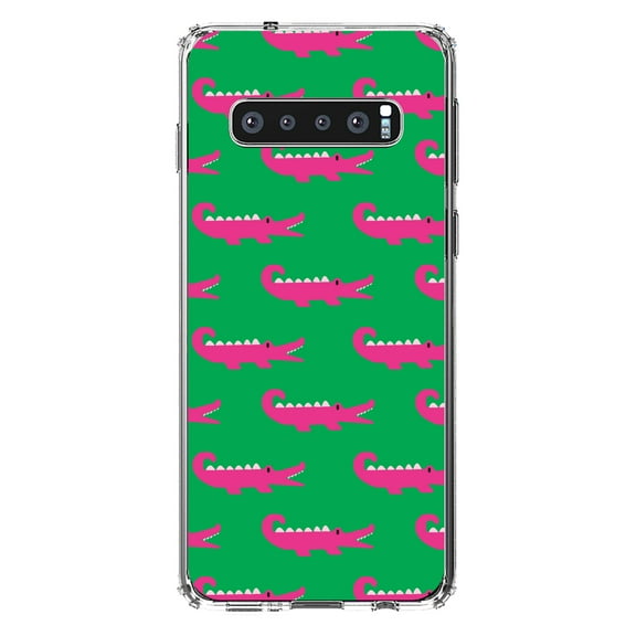 DistinctInk Clear Shockproof Hybrid Case for Samsung Galaxy S10  PLUS(6.4" Screen) - TPU Bumper, Acrylic Back, Tempered Glass Screen Protector - Green Pink Alligators - Cartoon Alligators