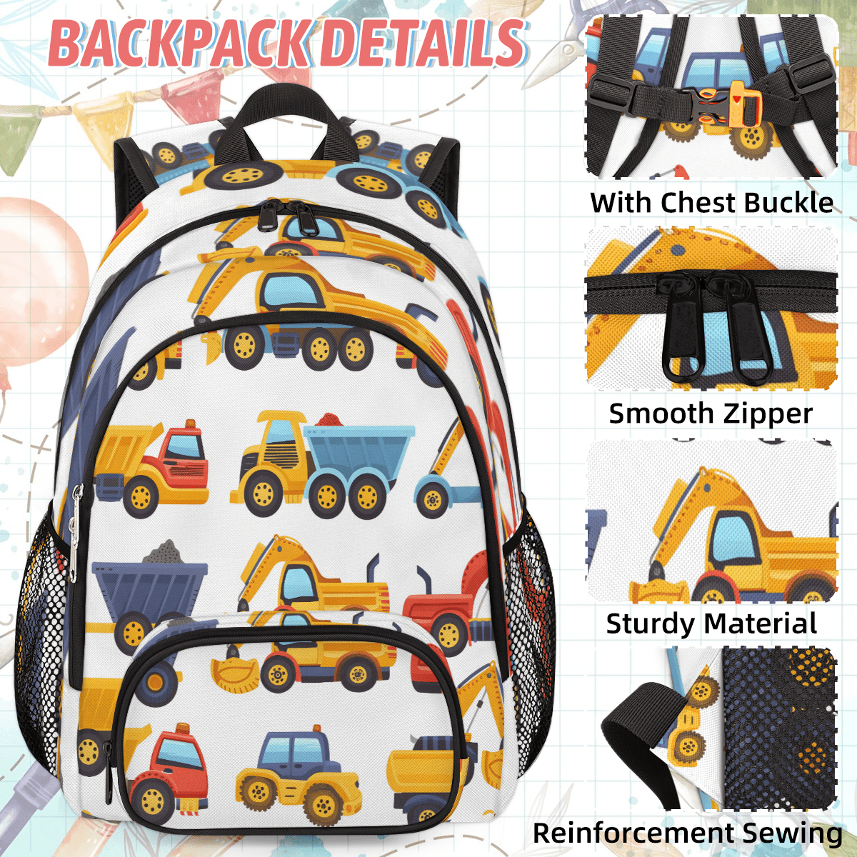 Herdesigns Tractors Trucks Excavator Large Backpack Set with Lunch Box Lightweight Water Resistant Travel Laptop Backpacks Casual Daypacks for Women Men