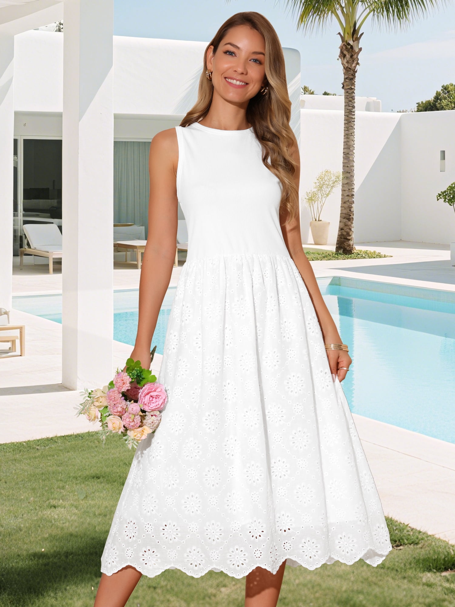DARING DIVA Eyelet Sleeveless A Line Midi Tank Dress S White