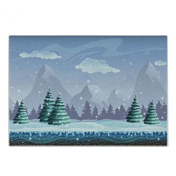 Snowy Trees Cutting Board, Illustration of Horizontally Designed Hills Mountains Clouds and Pine Trees, Decorative Tempered Glass Cutting and Serving Board, in 3 Sizes, by Ambesonne