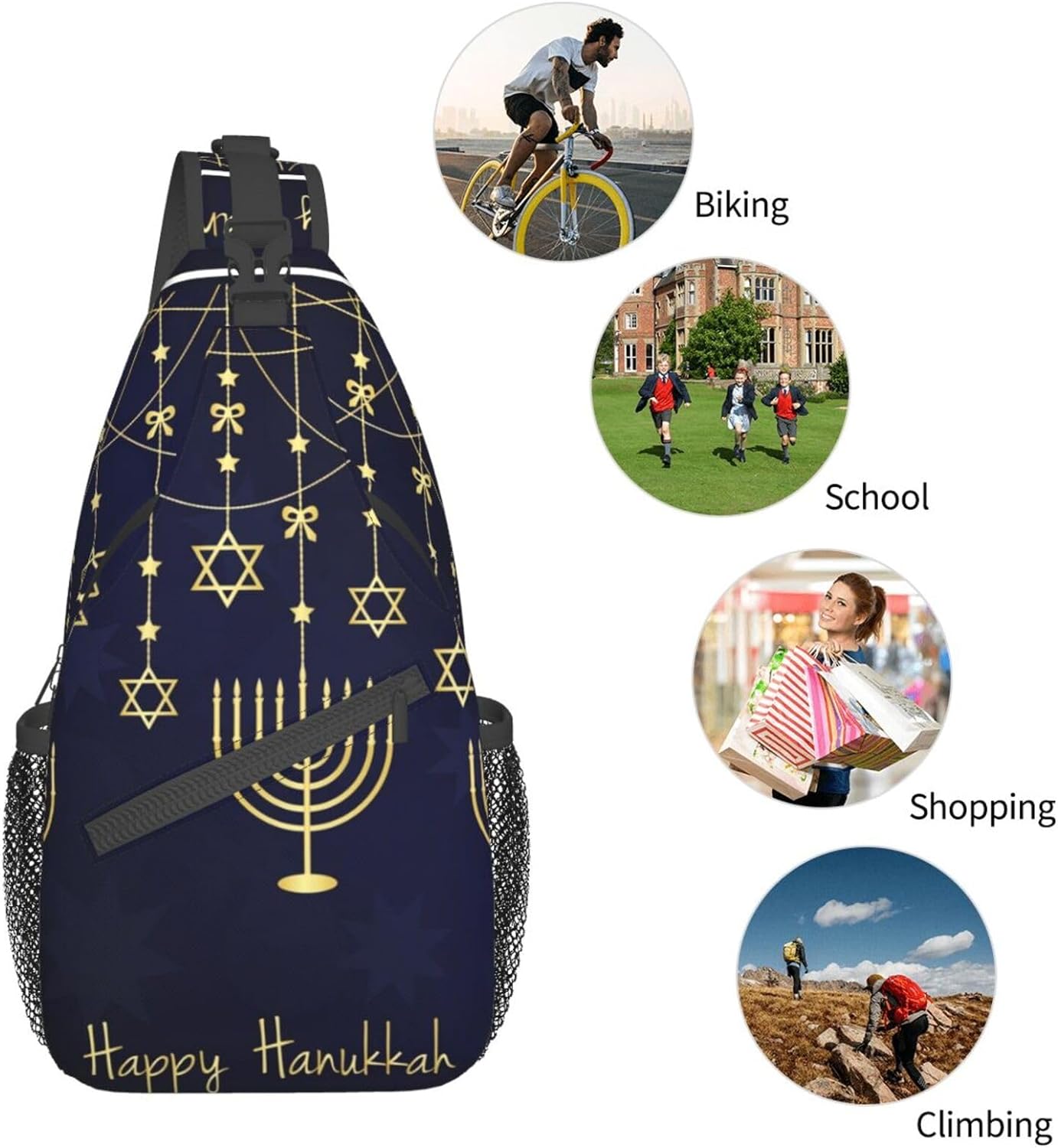 Happy Hanukkah Jewish Chanukah Holiday Sling Bag Crossbody Hiking Travel Chest Bags Backpack Shoulder Daypack for Women Men