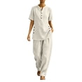 thumbnail image 2 of Mifsaly Travel Outfits for Women 2 Piece Sets Short Sleeve Button Down Tunic Top and High Waisted Loose Harem Pants Boho Casual Summer Vacation Matching Set Beige,XXXL, 2 of 5