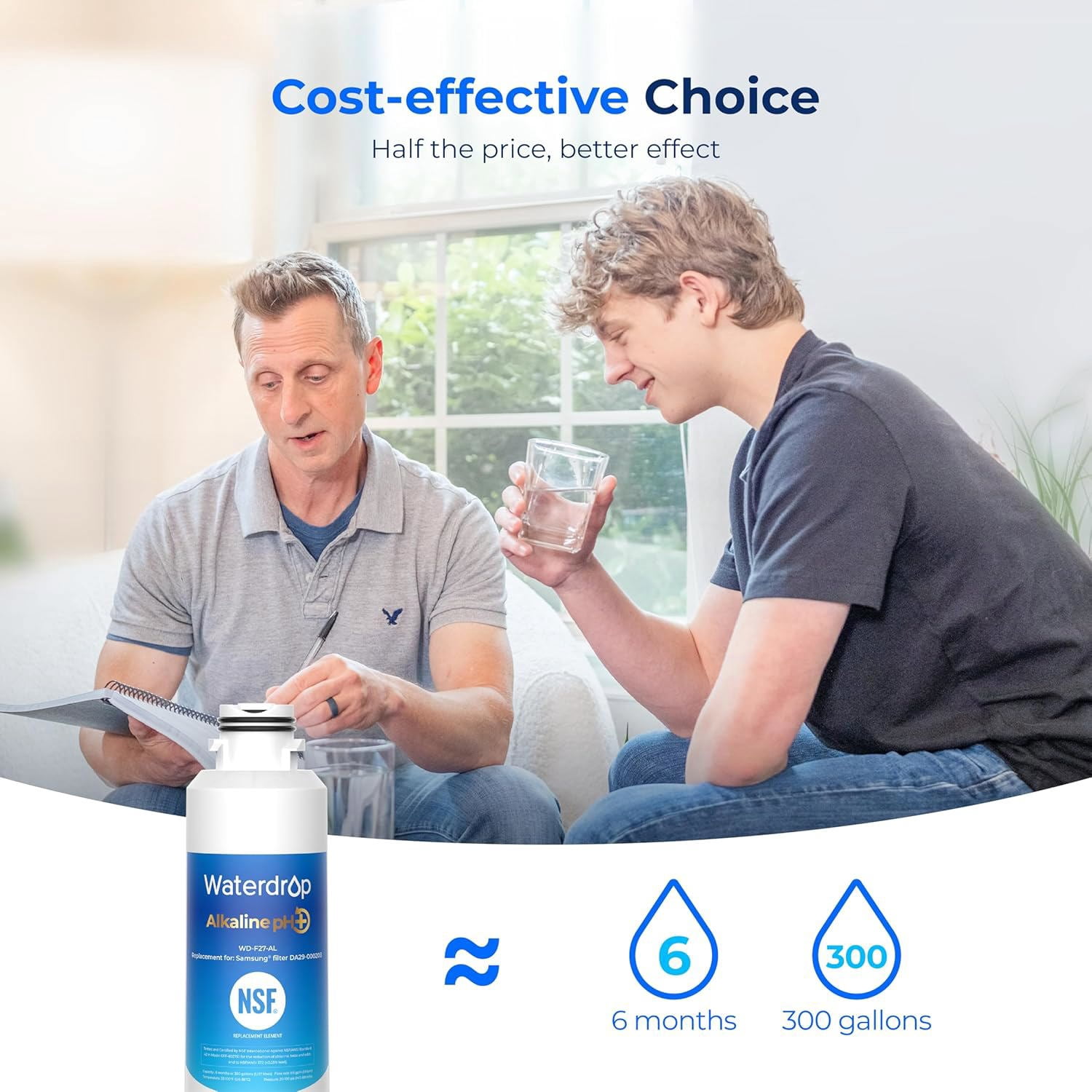 Waterdrop Alkaline WD-F27-AL Replacement for Samsung® Refrigerator Water Filter HAF-CIN/EXP, DA29-00020B, HAF-CIN, DA97-08006A-1, RF28HMEDBSR, RF263BEAESR, RS25J500DSR, RF263TEAESG, 2 Pack